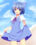  1girl blue_eyes blue_hair blue_sky bow cirno clouds dress dress_lift hair_bow highres horizon looking_at_viewer negishio no_wings puffy_short_sleeves puffy_sleeves ribbon shoreline short_hair short_sleeves sky solo touhou 