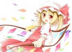  1girl blonde_hair bow fang flandre_scarlet hat hat_bow red_eyes side_ponytail solo touhou wings yuuhagi_(amaretto-no-natsu) 