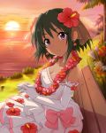  1girl bare_shoulders dark_skin dress elbow_gloves flower gloves green_hair hair_flower hair_ornament idolmaster idolmaster_cinderella_girls jpeg_artifacts natalia_(idolmaster) official_art short_hair star sunset wedding_dress 