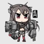  1girl black_hair black_legwear blush_stickers boots cannon character_name chibi frown grey_background hands_on_hips jpeg_artifacts kantai_collection long_hair lowres mecha_musume midriff nagato_(kantai_collection) navel pleated_skirt red_eyes serious shokuyou_pants simple_background skirt solo thighhighs 