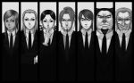  6+boys a-liver absurdres beard facial_hair formal gohoumei_(kingdom) highres kanmei_(kingdom) kingdom long_hair monochrome multiple_boys mustache necktie ordo_(kingdom) ponytail riboku_(kingdom) seikai_(kingdom) shunshinkun_(kingdom) suit 