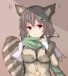  1girl animal_ears brown_hair futatsuiwa_mamizou glasses glasses_removed impossible_clothes impossible_shirt jewelry leaf leaf_on_head raccoon_ears raccoon_tail red_eyes scarf single_earring tail touhou vils 