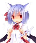  1girl animal_ears bat_wings blue_hair blush bow cat_ears cat_tail embarrassed fang hair_ribbon kazeharu no_hat open_mouth puffy_sleeves red_eyes remilia_scarlet ribbon shirt short_hair short_sleeves simple_background solo tail text touhou white_background wings wrist_cuffs 