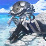  1girl bodysuit cape clouds eno_(eno_gallery) feet_in_water gloves glowing highres kantai_collection long_hair monster ocean pale_skin personification shinkaisei-kan silver_hair sky soaking_feet solo water wo-class_aircraft_carrier 