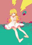  1girl barefoot blonde_hair blue_eyes doughnut lightning long_hair monogatari_(series) oshino_shinobu pekikokko pointy_ears 