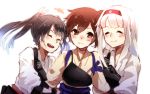  3girls :d ^_^ brown_hair closed_eyes double_arm_hug girl_sandwich hairband japanese_clothes kaga_(kantai_collection) kantai_collection ky_(kurokky709) long_hair multiple_girls muneate open_mouth personification short_hair shoukaku_(kantai_collection) side_ponytail silver_hair smile twintails zuikaku_(kantai_collection) 