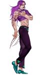  1boy diavolo emg_(christain) fusion highres jojo_no_kimyou_na_bouken lipstick long_hair makeup midriff purple_hair solo sweater tattoo vinegar_doppio yellow_eyes 