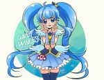  1girl ahoge blue_dress blue_eyes blue_hair blue_legwear bow brooch character_name cnove cure_princess double_v dress hair_bow happinesscharge_precure! jewelry long_hair magical_girl mini_crown precure skirt smile solo thighhighs twintails v 