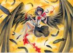  1girl artist_name black_hair bow dated feathered_wings feathers frilled_skirt frills geta hat japanese_clothes looking_at_viewer mosho notebook pen pencil_crayon_(medium) pom_pom_(clothes) puffy_sleeves red_eyes shameimaru_aya shirt short_hair short_sleeves skirt smile solo tengu-geta tokin_hat touhou traditional_clothes traditional_media water wings wink yellow_background 