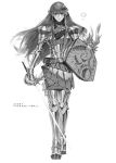  1girl armor chest_plate chomoran dungeons_and_dragons gauntlets greaves highres long_hair pauldrons payot pointy_ears rapier shield smile sword translation_request weapon 