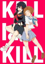  black_hair blue_eyes brown_hair holding_hands kill_la_kill mankanshoku_mako matoi_ryuuko school_uniform senketsu smile yuatamaku 