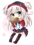  1girl black_legwear blush boned_meat chibi eating food green_eyes long_hair looking_at_viewer meat meiya_neon original shirokami_gakuen simple_background skirt solo tail thighhighs white_background white_hair 