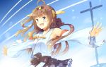  1girl ahoge bare_shoulders blue_eyes brown_hair condensation_trail detached_sleeves double_bun hair_ornament hairband japanese_clothes kantai_collection komi_zumiko kongou_(kantai_collection) long_hair looking_at_viewer nontraditional_miko open_mouth outstretched_arms outstretched_hand personification sky solo 
