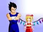  1boy 1girl black_hair blonde_hair bodysuit crossed_arms crossover crystal dragon_ball dragon_ball_z dress fang flandre_scarlet gloves hat male moyatto muscle puffy_sleeves ribbon side_ponytail smile spiky_hair touhou vampire vegeta wings wink 