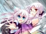  2girls blue_eyes blush commentary_request glasses iripia_casablanca long_hair looking_at_viewer meiya_neon multiple_girls open_mouth original outstretched_hand red_eyes shirokami_gakuen snowflakes white_hair 