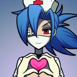  +_+ 1girl absurdres blue_hair breasts choker cleavage eyepatch face_mask gloves hat heart heart_hands highres large_breasts looking_at_viewer mask nurse nurse_cap shisen skullgirls solo symbol-shaped_pupils valentine_(skullgirls) white_gloves 