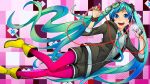  1girl aqua_hair blue_eyes digital_media_player glasses_on_head hatsune_miku headphones long_hair nail_polish necktie open_mouth pink_legwear polka_dot polka_dot_legwear scrunchie shiro_(nitto) shorts solo twintails very_long_hair vocaloid 