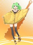  1girl animal_ears black_legwear cat_ears fang green_eyes green_hair highres long_hair open_mouth original outstretched_arms poncho ponytail smile solo thighhighs yahako 