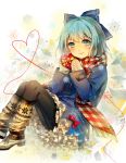  1girl blue_eyes blue_hair bow box cerasus_(wjf86055750) cirno coat contemporary frills gift gift_box hair_bow heart heart_of_string ice ice_wings leg_warmers looking_at_viewer mittens multicolored_background pantyhose plaid plaid_scarf reclining scarf short_hair smile snowflakes solo touhou wings 