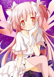  1girl chin_rest dress gloves goddess_madoka hair_ribbon kaname_madoka long_hair looking_at_viewer mahou_shoujo_madoka_magica pink_hair pink_legwear ribbon smile solo thigh-highs tsubaki_(tatajd) two_side_up white_dress white_gloves yellow_eyes 