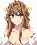  1girl ahoge bare_shoulders brown_hair detached_sleeves double_bun hair_ornament hairband japanese_clothes kantai_collection kongou_(kantai_collection) long_hair looking_at_viewer nontraditional_miko partially_undressed personification solo tom_(drpow) violet_eyes 