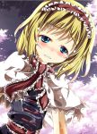  1girl alice_margatroid blonde_hair blue_eyes blush capelet cherry_blossoms crying hairband hikobae short_hair solo tears touhou wavy_mouth 