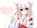  1girl animal_ears blue_eyes blush borrowed_character dated detached_sleeves fox_ears happy_birthday japanese_clothes long_hair looking_at_viewer meiya_neon miko mouth_hold solo white_hair 