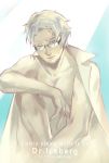  1boy blue blue_eyes character_name copyright_name english facial_hair glasses gray-witch_hai_miko iceberg_(scp) labcoat lips male monochrome naked_coat nude scp_foundation solo white_hair wink 