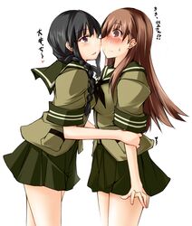  2girls @_@ bangs black_hair blunt_bangs braid brown_eyes brown_hair kaminagi-tei kantai_collection kitakami_(kantai_collection) long_hair multiple_girls ooi_(kantai_collection) personification school_uniform serafuku skirt translated yuri 