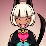  1girl :d ^_^ animal_ears blush breasts cat_ears closed_eyes collar fangs fingerless_gloves gloves heart heart_hands nadia_fortune open_mouth scar shisen short_hair skullgirls smile solo tail under_boob white_hair 