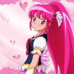  1girl blush cure_lovely earrings frills hair_ornament happinesscharge_precure! heart heart_hair_ornament highres jewelry long_hair looking_at_viewer magical_girl mont_blanc_(heartcatch_ayaya) pink pink_background pink_eyes pink_hair ponytail precure smile solo 