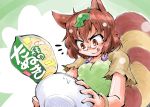  1girl :q animal_ears bowl brown_eyes brown_hair food futatsuiwa_mamizou glasses highres leaf leaf_on_head noodles pince-nez raccoon_ears raccoon_tail ramen shinapuu tail tongue touhou translation_request 