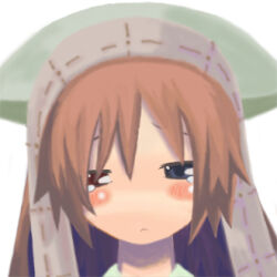  1girl blush brown_hair closed_mouth commentary_request green_eyes green_headscarf headscarf heterochromia long_hair lowres ofly_(ofly252) portrait red_eyes rozen_maiden simple_background solo suiseiseki white_background 