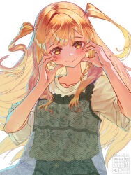  1girl bandou_(tm5525) black_dress blonde_hair blush brown_eyes cho_kaguya-hime! closed_mouth commentary_request dress half-heart_hands highres kaguya_(cho_kaguya-hime!) kaguya_(wego)_(cho_kaguya-hime!) logo looking_at_viewer pinafore_dress shirt short_sleeves simple_background sleeveless sleeveless_dress solo two_side_up upper_body white_background white_shirt 
