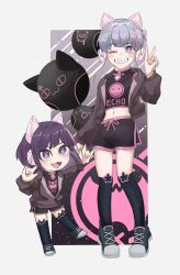  2girls \m/ absurdres animal_ear_headphones animal_ear_legwear animal_ears asakura_neko black_shirt black_shoes black_shorts black_thighhighs borrowed_clothes brown_jacket cat_ear_legwear chibi commentary_request cropped_shirt cytus cytus_ii deemo_ii echo_(deemo) fake_animal_ears grey_hair h_hiems headphones highres jacket korean_commentary meowbot multicolored_hair multiple_girls navel pink_hair pink_trim print_shirt purple_hair shirt shoes shorts streaked_hair thigh-highs v violet_eyes 
