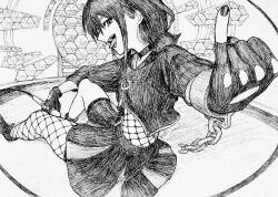  1girl absurdres broken broken_chain chain commentary fingerless_gloves fishnet_pantyhose fishnet_top fishnets girls_band_cry gloves greyscale highres holding holding_microphone iseri_nina looking_at_viewer low_twintails microphone monochrome nasi_0isi open_mouth pantyhose pinky_out shirt short_hair short_twintails single_leg_pantyhose skirt solo traditional_media twintails 