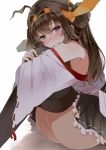  1girl ahoge bare_shoulders blush brown_hair commentary crying crying_with_eyes_open detached_sleeves hair_ornament hairband headgear japanese_clothes kantai_collection kitsuneko_azarashi kongou_(kantai_collection) long_hair looking_at_viewer nontraditional_miko personification pleated_skirt skirt solo tears thighhighs zettai_ryouiki 