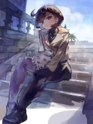  1girl black_bodysuit black_gloves black_hair black_shoes bodysuit brown_jacket closed_mouth colored_sclera dark-skinned_female dark_skin emma_(pokemon) espurr full_body gloves grey_fur hair_ornament highres jacket long_sleeves looking_at_viewer outdoors pokemon pokemon_(creature) pokemon_legends:_z-a purple_sclera shoes short_hair sitting stairs suiso_sui violet_eyes 