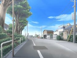  blue_sky building bush car city cityscape clouds day fence game_asset grass guard_rail house kinmedai_pink lamppost motor_vehicle no_humans non-web_source official_art outdoors power_lines railing railroad_crossing real_world_location road road_sign scenery self-datamine sign sky stairs street town traffic_cone tree utility_pole visual_novel_cg window 