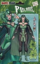  1girl absurdres almendriww blister_pack cape copyright_logo doll_joints english_text figure green_cape green_eyes green_hair green_helmet green_shoes helmet highres joints logo long_hair looking_at_viewer marvel polaris_(x-men) shoes toy toy_packaging 