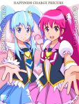  2girls blue_eyes blue_hair blue_skirt character_name copyright_name cure_lovely cure_princess dress earrings english hair_ornament hair_ribbon happinesscharge_precure! happy heart jewelry long_hair looking_at_viewer magical_girl multiple_girls open_mouth pink_eyes pink_hair pink_skirt ponytail precure puffy_sleeves ribbon shirt skirt smile tsuti twintails wrist_cuffs 