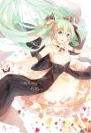 1girl dress floating_hair green_eyes green_hair hair_ribbon hatsune_miku highres long_hair microphone outstretched_arms ppportia ribbon solo spread_arms twintails very_long_hair vocaloid 