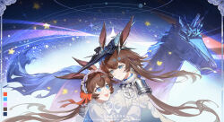  2girls :d amiya_(arknights) amiya_(guard)_(arknights) amiya_(guard)_(in_a_myriad_of_universes)_(arknights) animal_ears arknights armor black_hat blue_collar blue_eyes bow brown_hair closed_mouth collar commission dual_persona elevation_contour_lines english_text frilled_hairband frilled_shirt frills gauntlets hair_ornament hairband hand_on_another's_shoulder hat highres kei_kei_(854174652) long_hair mihuashi_commission multiple_girls official_alternate_costume open_mouth orange_bow orbital_path shirt shoulder_armor smile star_(symbol) statue watermark white_rabbit_candy white_shirt 