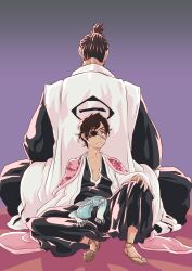  2boys absurdres aged_down back-to-back black_hair black_hakama bleach bleach:_sennen_kessen-hen collarbone commentary english_commentary eyepatch floral_print folded_ponytail full_body hakama haori highres japanese_clothes kyouraku_shunsui long_sleeves male_focus multiple_boys open_mouth pink_haori sandals short_hair sitting sonzhondaya taichou_haori yamamoto-genryuusai_shigekuni 