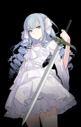  1girl absurdres bang_dream! bang_dream!_it's_mygo!!!!! black_background black_dress blue_hair brown_eyes closed_mouth commentary cowboy_shot dot_mouth dot_nose dress drill_hair hair_ribbon highres holding holding_sword holding_weapon long_hair ribbon shenqi_de_(9) simple_background solo sword togawa_sakiko weapon white_ribbon 