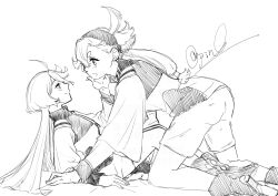  2girls 715piro_gon absurdres asticassia_school_uniform blush boots commentary greyscale gundam gundam_suisei_no_majo hairband hand_on_another's_face highres jacket long_hair looking_at_another miorine_rembran monochrome multiple_girls open_mouth profile school_uniform shorts signature suletta_mercury thick_eyebrows yuri 