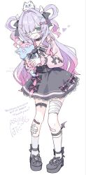  1girl artist_logo bandaged_leg bandages bandaid bandaid_hair_ornament bandaid_on_knee bandaid_on_leg black_bow black_bowtie black_choker black_nails black_shoes black_skirt bow bowtie cat chiiaru_(vtuber) choker collared_shirt commission commissioner_name cross-laced_clothes cross-laced_sleeves english_text eyepatch fang footwear_bow full_body gauze gauze_on_leg gradient_hair hair_bow hair_intakes hair_ornament hair_rings heart heart_hair_ornament highres indie_virtual_youtuber jirai_kei lace-trimmed_choker lace-trimmed_skirt lace-trimmed_sleeves lace-trimmed_thigh_strap lace_trim logo long_sleeves multicolored_bow multicolored_hair open_mouth pink_bow pink_eyes pink_hair pink_shirt print_eyepatch purple_hair sentouryoku_5 shirt shoes skeb_commission skin_fang skirt smile socks solo striped_bow thank_you thigh_strap two-tone_hair two_side_up virtual_youtuber white_cat white_socks wing_hair_ornament x_hair_ornament 