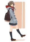  backpack bag breath brown_hair coat cold green_eyes hands_in_pockets highres kneehighs loafers long_hair okiru original scarf shoes skirt walking 