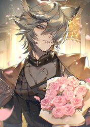 1boy animal_ears bishounen blue_eyes bouquet brown_coat coat coat_on_shoulders collar erune eye_mask eyepatch falling_petals flower granblue_fantasy grey_hair jacket jacket_on_shoulders kogome_(azalea4) male_focus mask nehan_(granblue_fantasy) parted_lips petals pink_flower pink_rose rose short_hair solo upper_body 