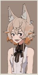  1girl animal_ear_fluff animal_ears black_collar black_eyes black_ribbon breasts brown_hair collar collared_shirt deo_artist dress_shirt fox_ears fox_girl haruka_(deo_artist) highres looking_at_viewer neck_ribbon non-web_source open_mouth original ribbon sharp_teeth shirt sleeveless sleeveless_shirt small_breasts solo teeth 